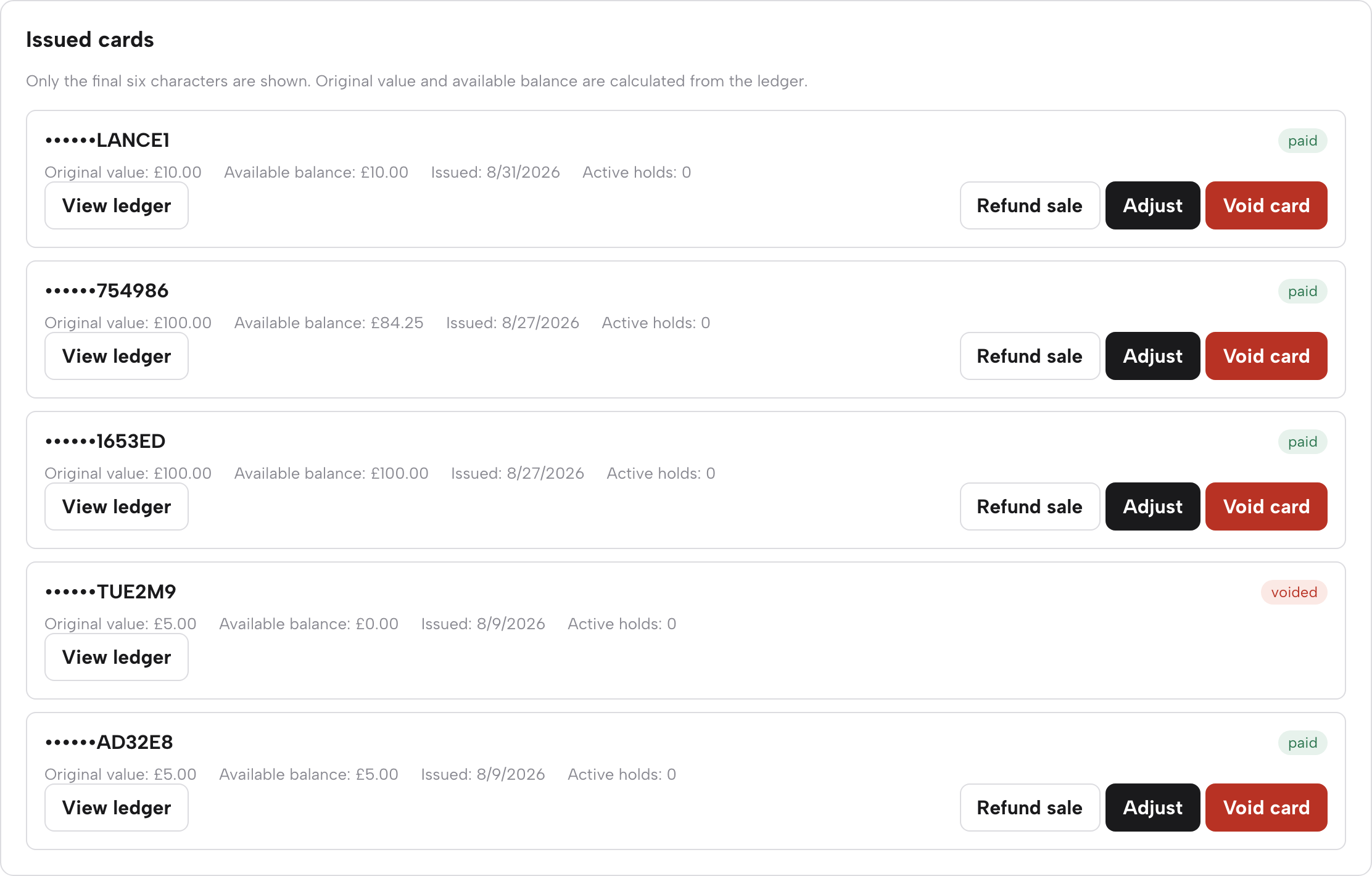 Issued card rows with their Refund sale, Adjust and Void card actions and paid/voided status pills