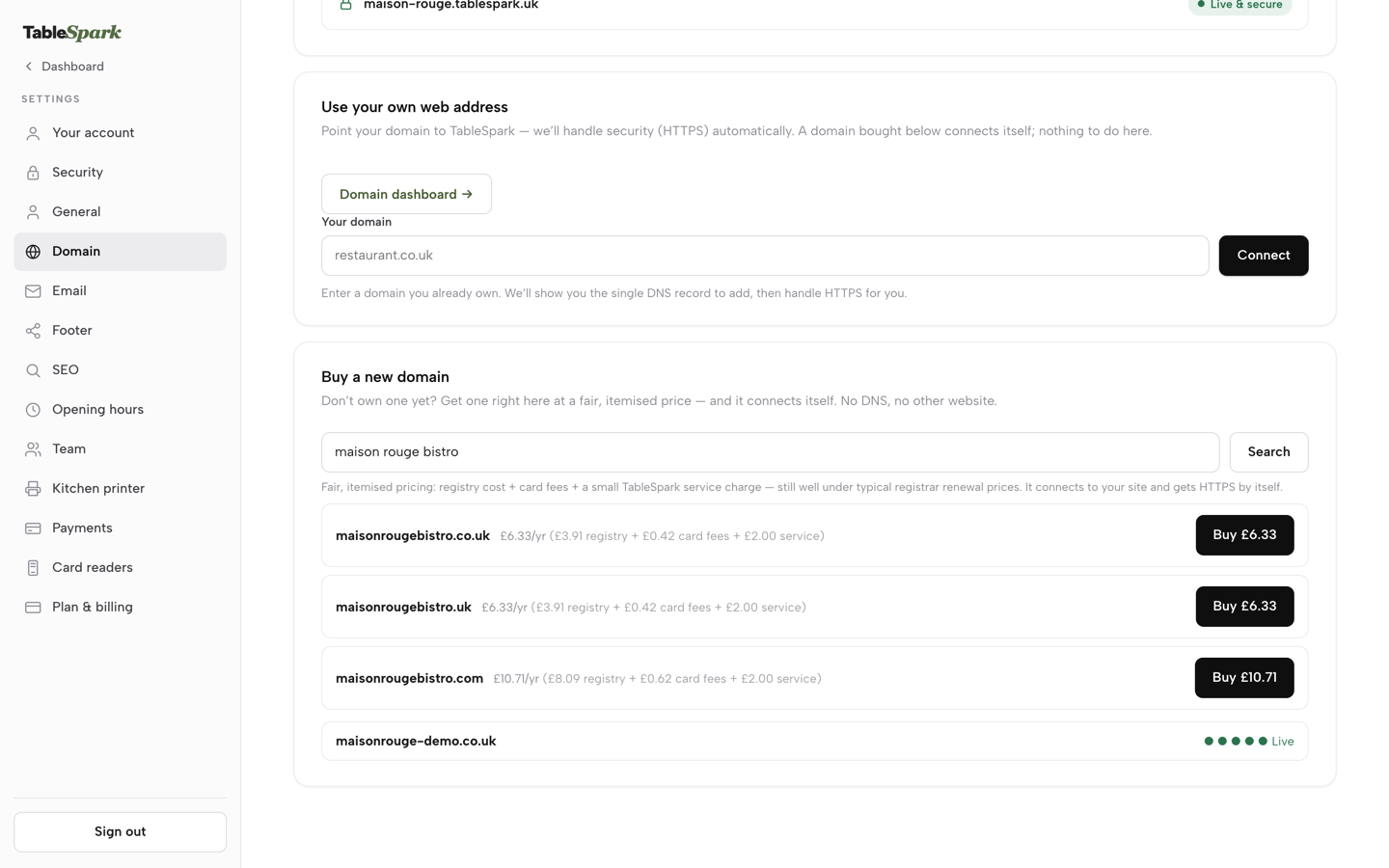 Search results: maisonrougebistro.co.uk, .uk and .com, each with an itemised price and a Buy button