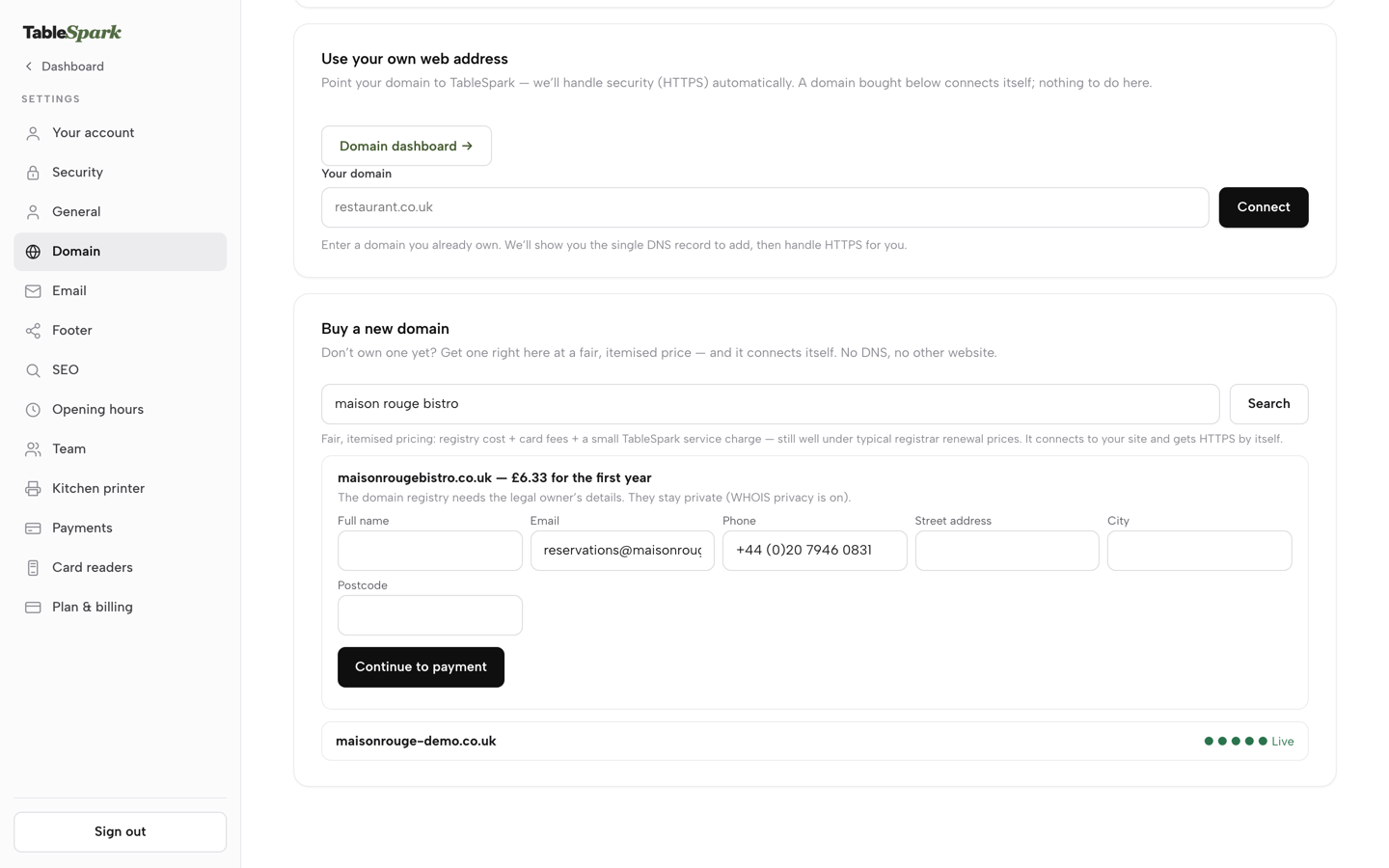 The owner form opened under the chosen domain, with name, email, phone and address fields