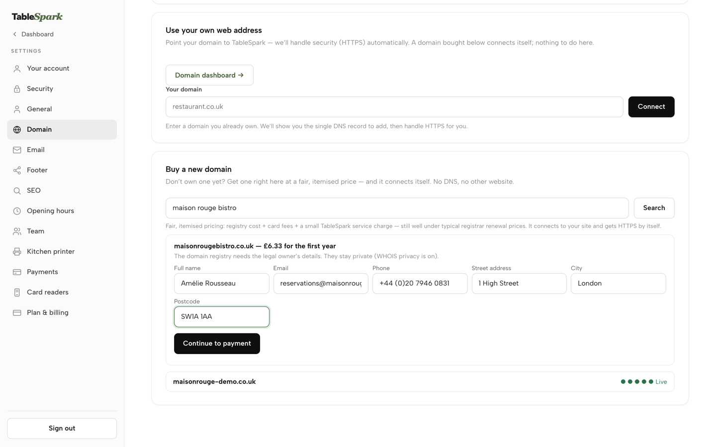 The owner form filled in, with the Continue to payment button