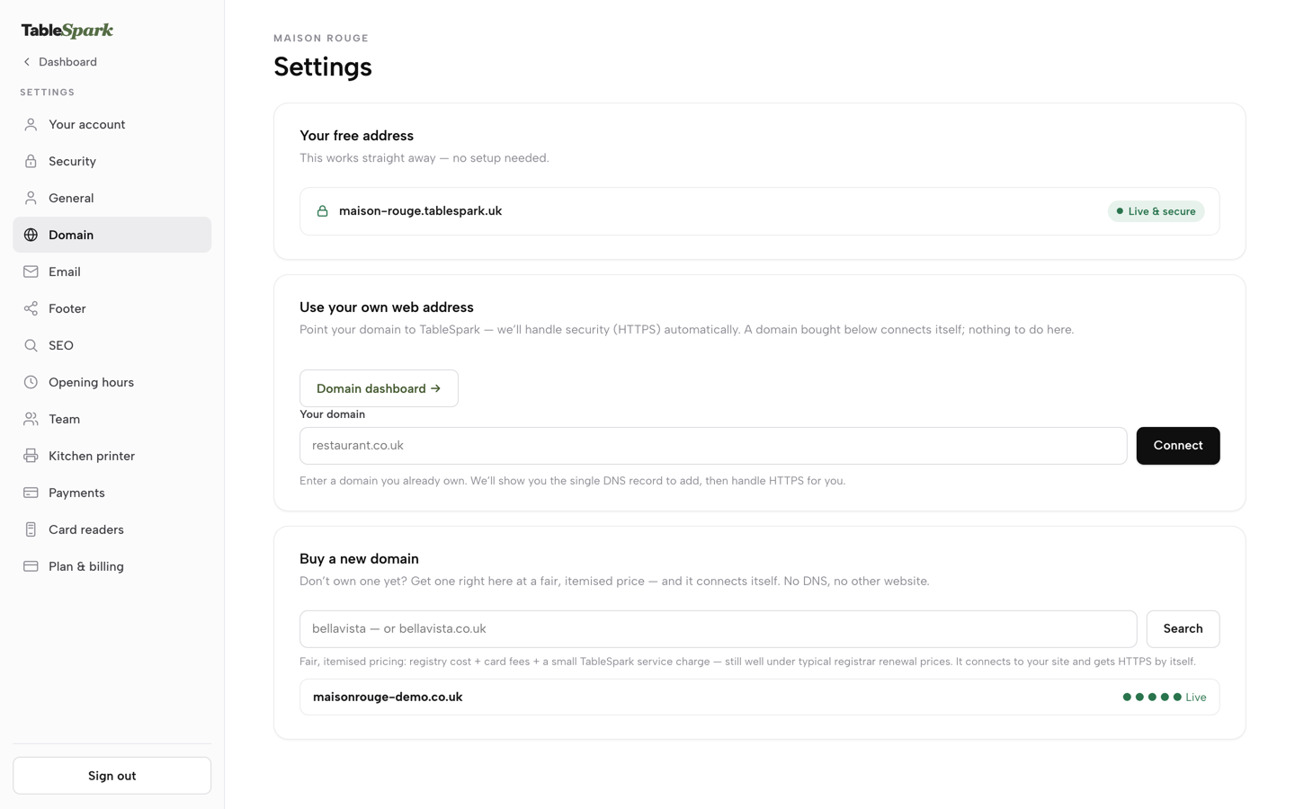 The Use your own web address card with the Domain dashboard button