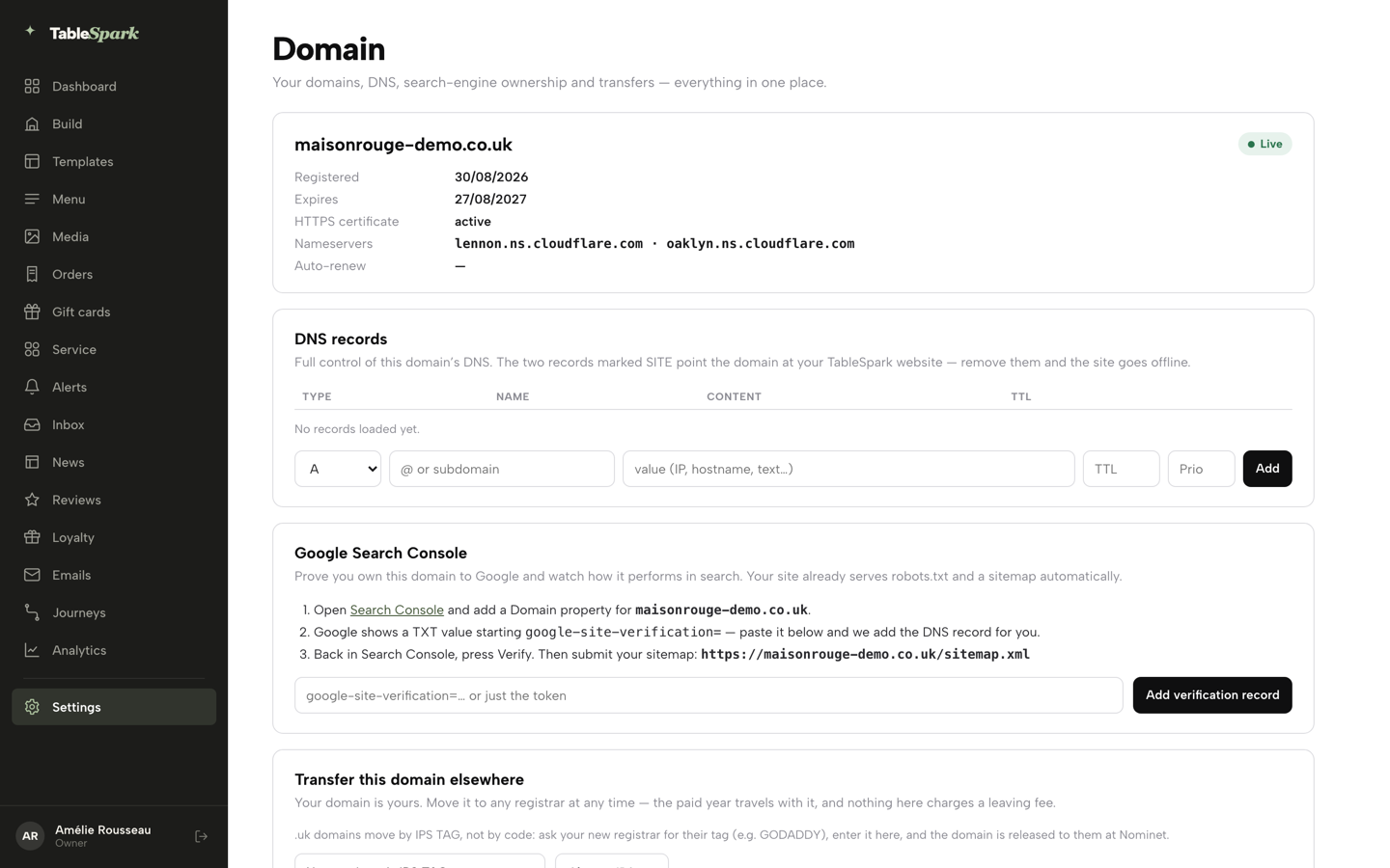The Domain dashboard: status, registration and expiry dates, HTTPS certificate and nameservers