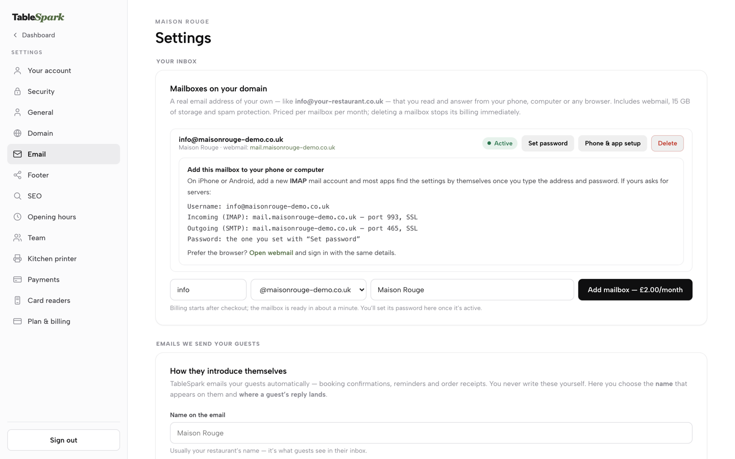 The Phone and app setup panel listing the username, IMAP and SMTP servers and the password note