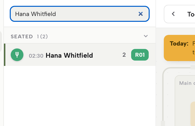 Service with Nadia's table found by search and its row highlighted in the Seated list