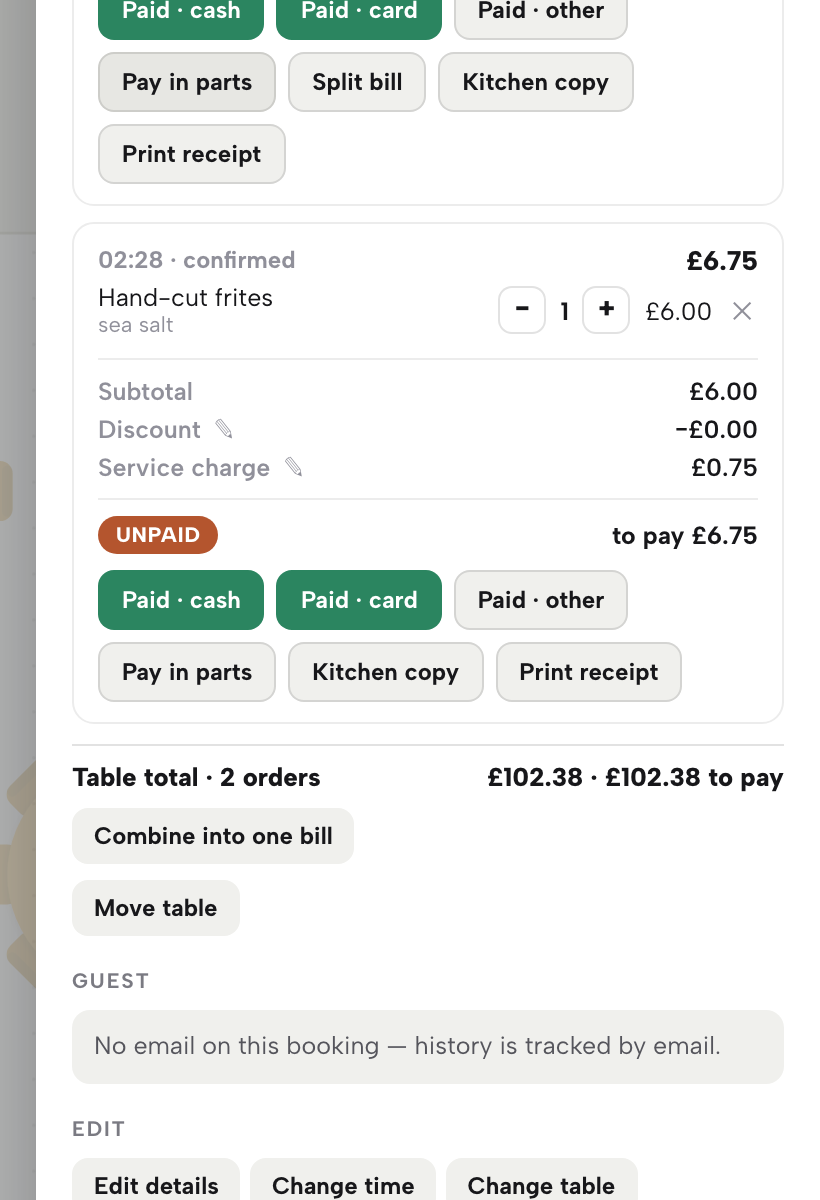 A bill with Paid cash, Paid card and Paid other buttons