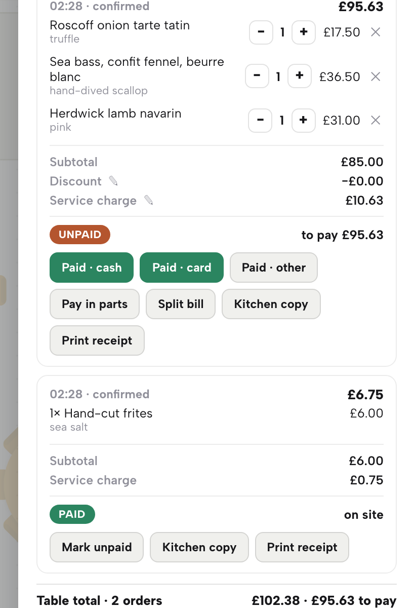The first bill with its Pay in parts button, the second bill marked PAID below