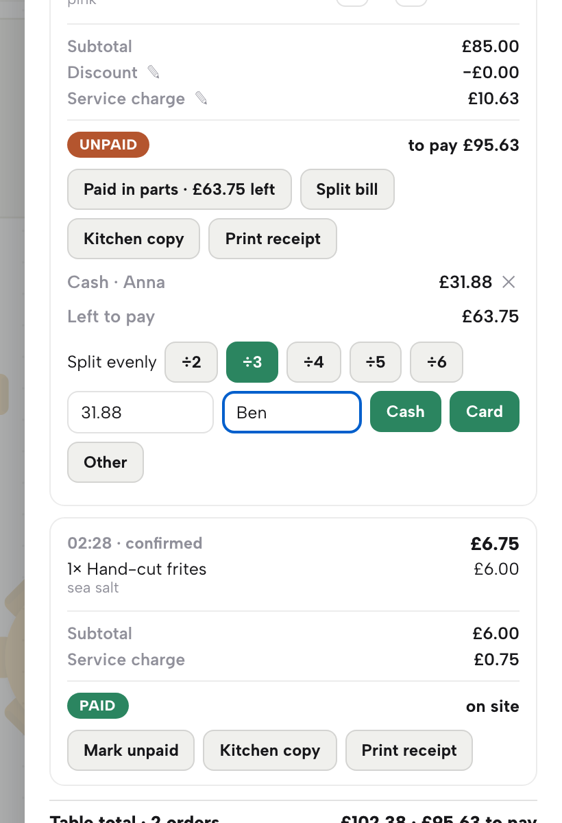 The bill after removing a part, with Ben typed and the Card button