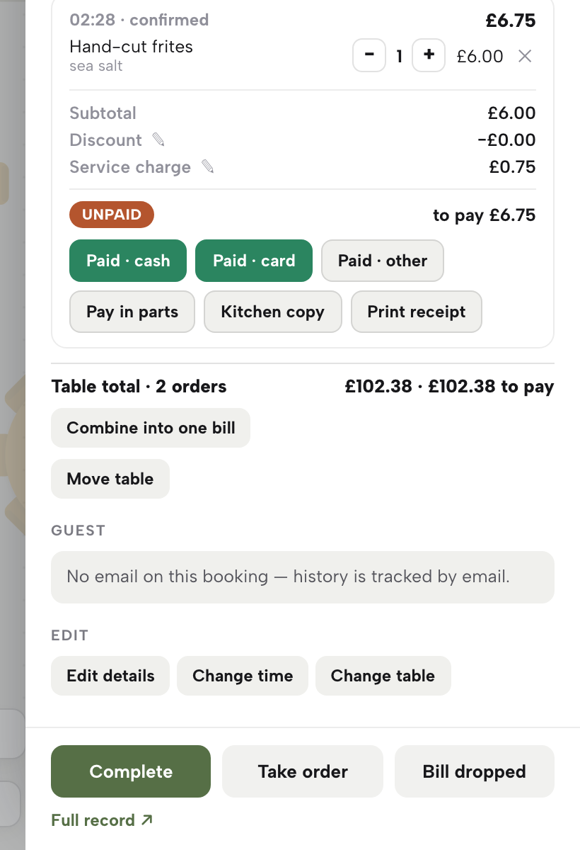 The table total of two orders with Combine into one bill and Move table buttons