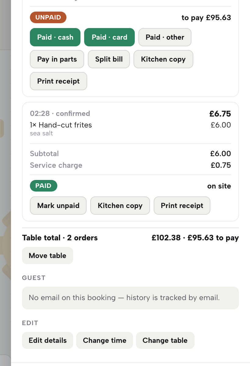 A bill marked PAID on site with Mark unpaid, Kitchen copy and Print receipt buttons