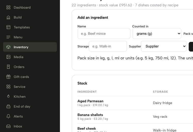 The sidebar with Inventory between Menu and Media