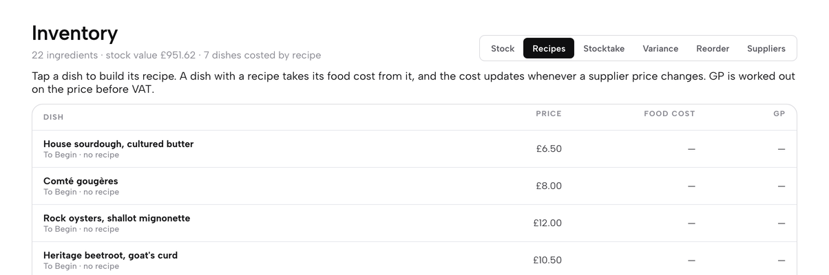 The Inventory tab bar with Recipes selected