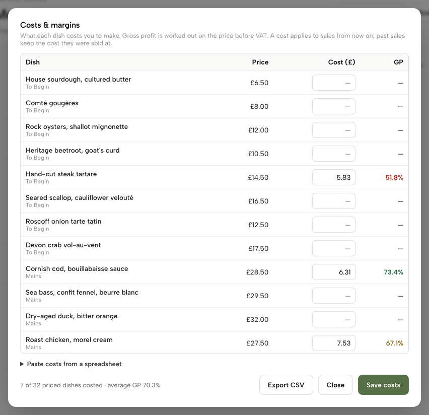 The Costs and margins table with cost and GP for the costed dishes