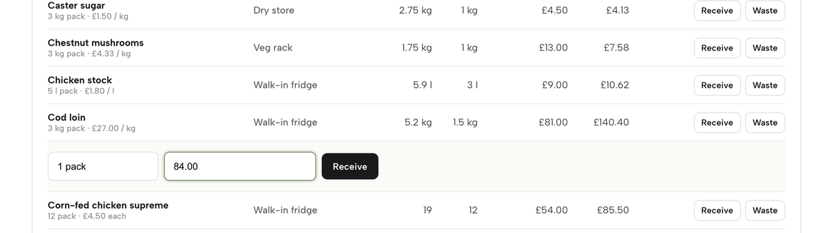 The Receive form for cod loin with 1 pack and a new price typed