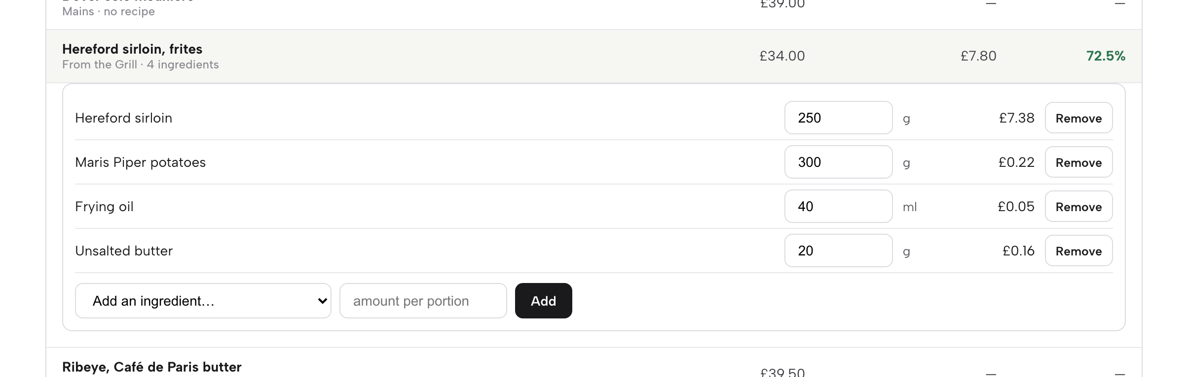 The recipe editor for Hereford sirloin with frites: sirloin, potatoes, frying oil and butter with the cost of each line