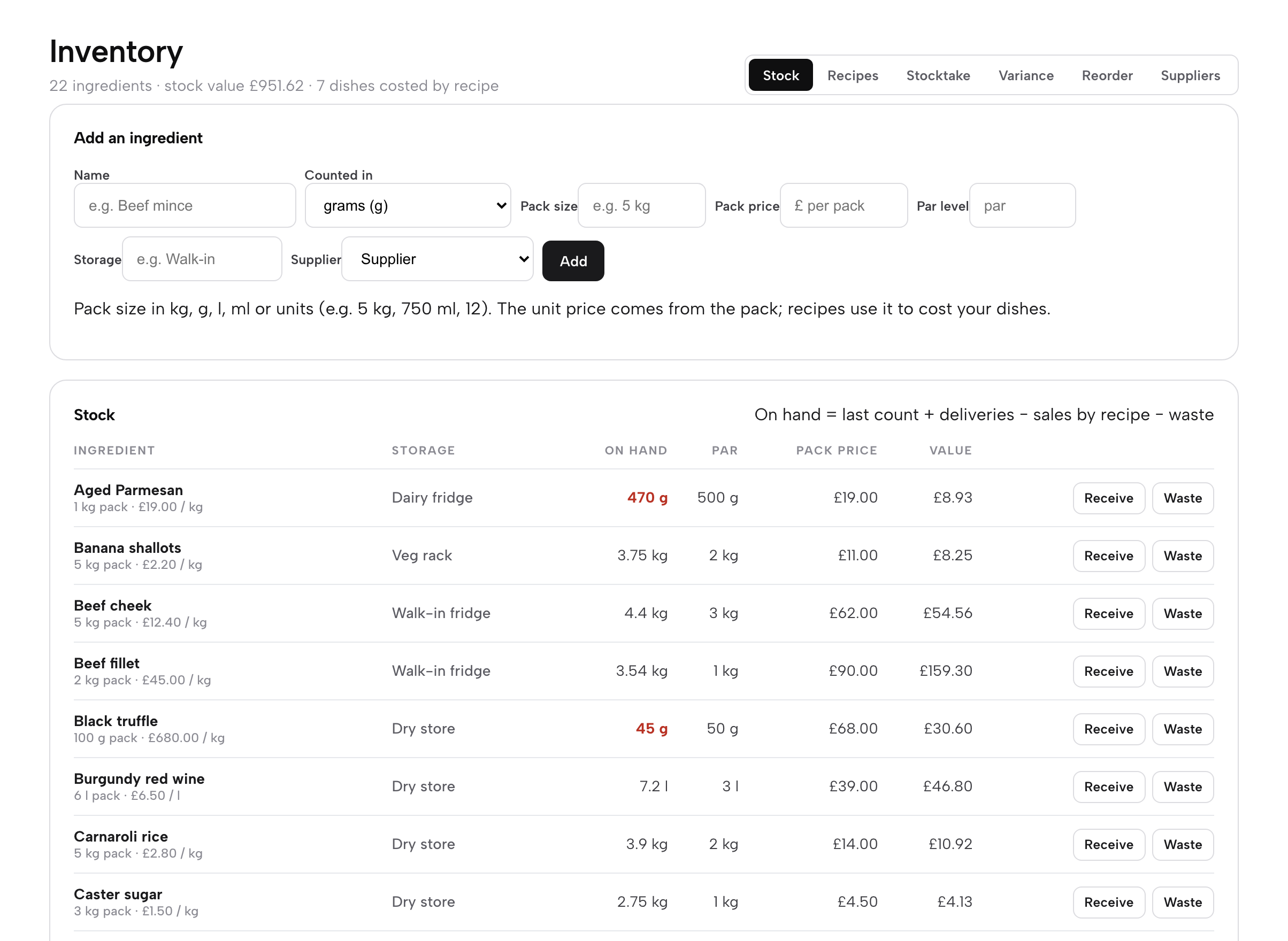 The Inventory page on the Stock tab: the Add an ingredient form above the stock table with on hand, par and pack price columns