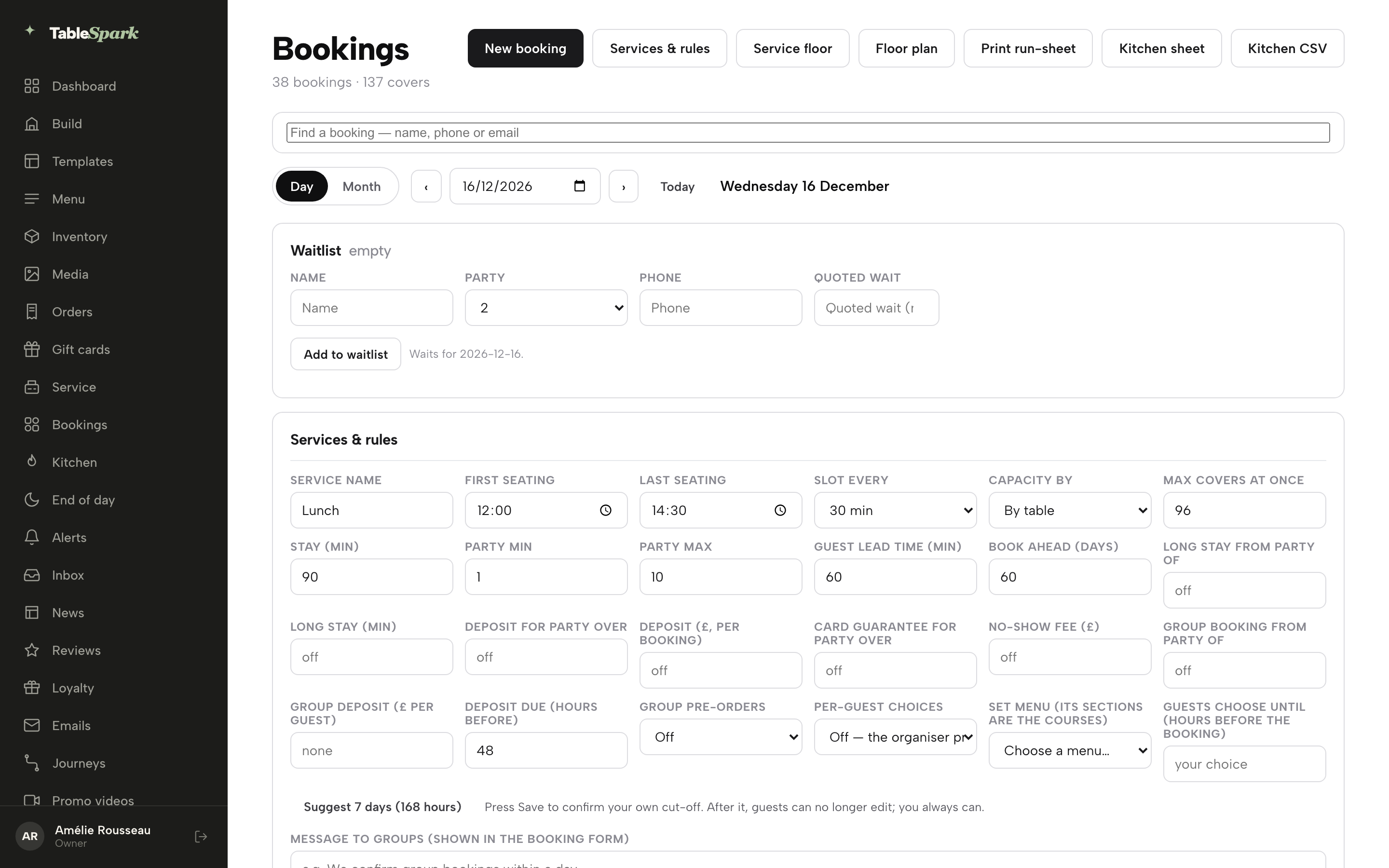 The Bookings page with Services and rules open, showing the Lunch service form