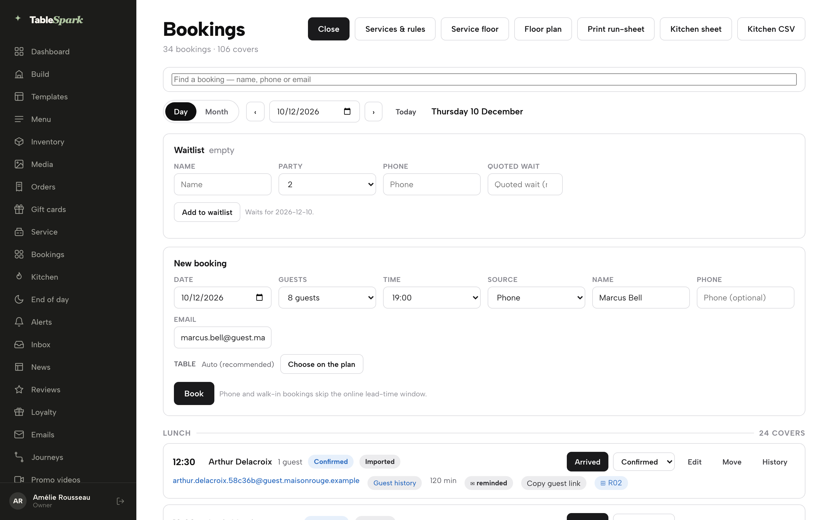 The New booking form for 8 guests at 19:00 on Thursday 10 December for Marcus Bell with the Book button
