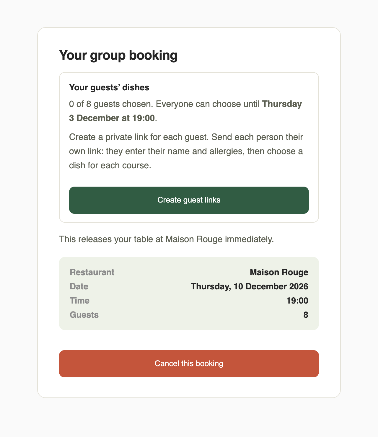 The organiser page with Your guests dishes, 0 of 8 guests chosen and the Create guest links button