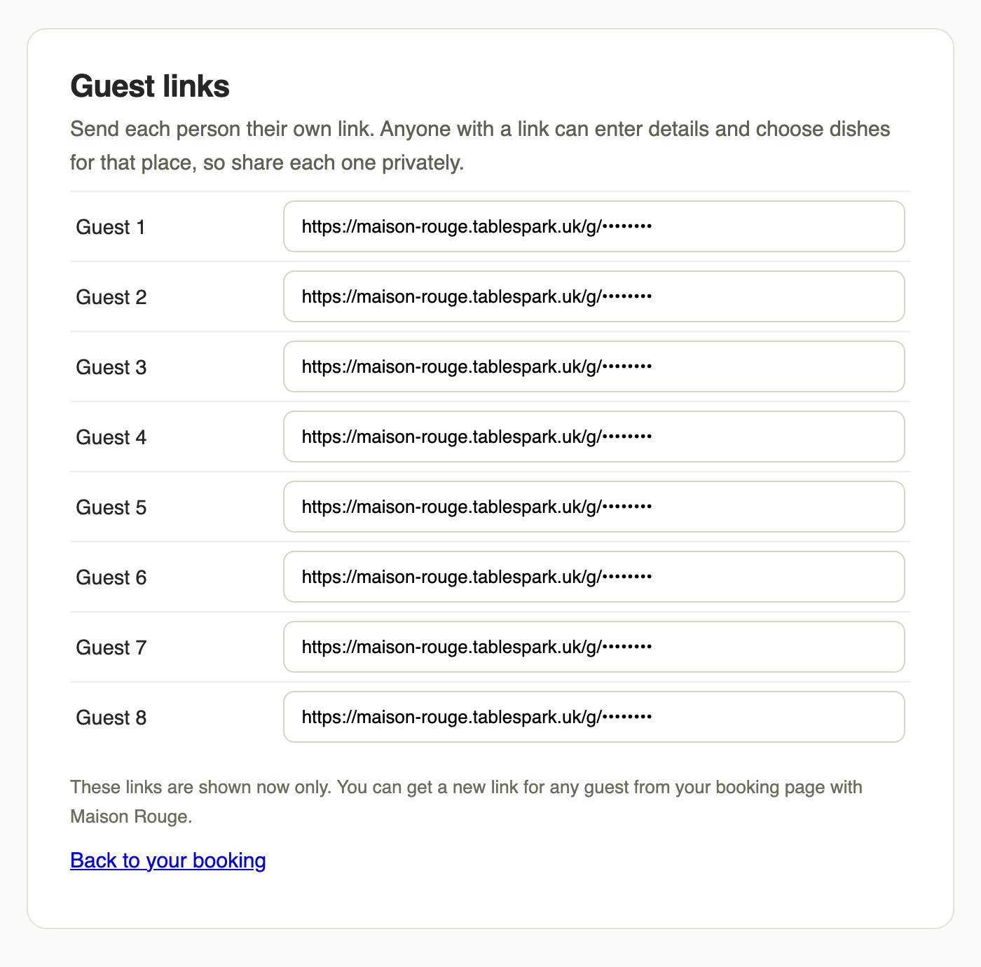 The Guest links page listing Guest 1 to Guest 8 with a masked link beside each