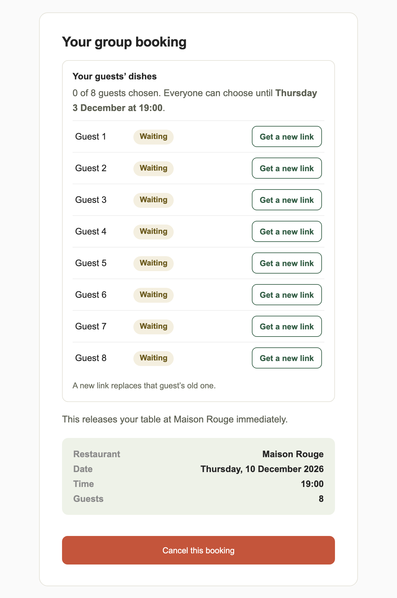The organiser page listing Guest 1 to Guest 8 as Waiting, each with a Get a new link button
