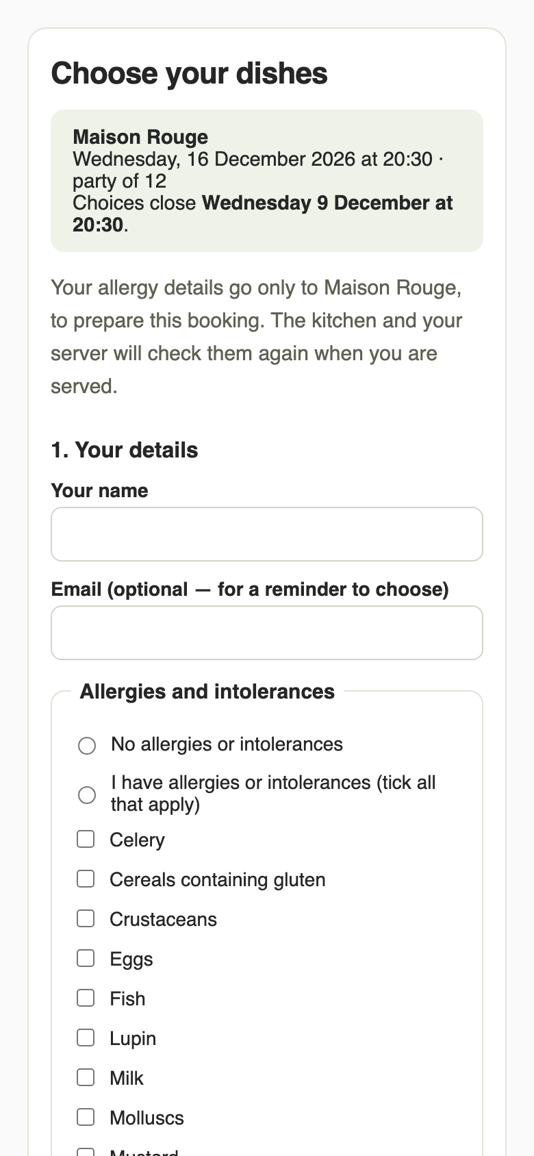 The guest page with the heading Choose your dishes, the booking details, Your name and Email boxes and the allergy options