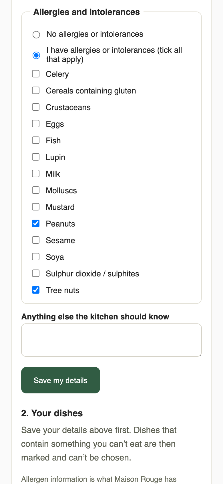 The allergy list with Peanuts and Tree nuts ticked, then the Save my details button and a note to save details first
