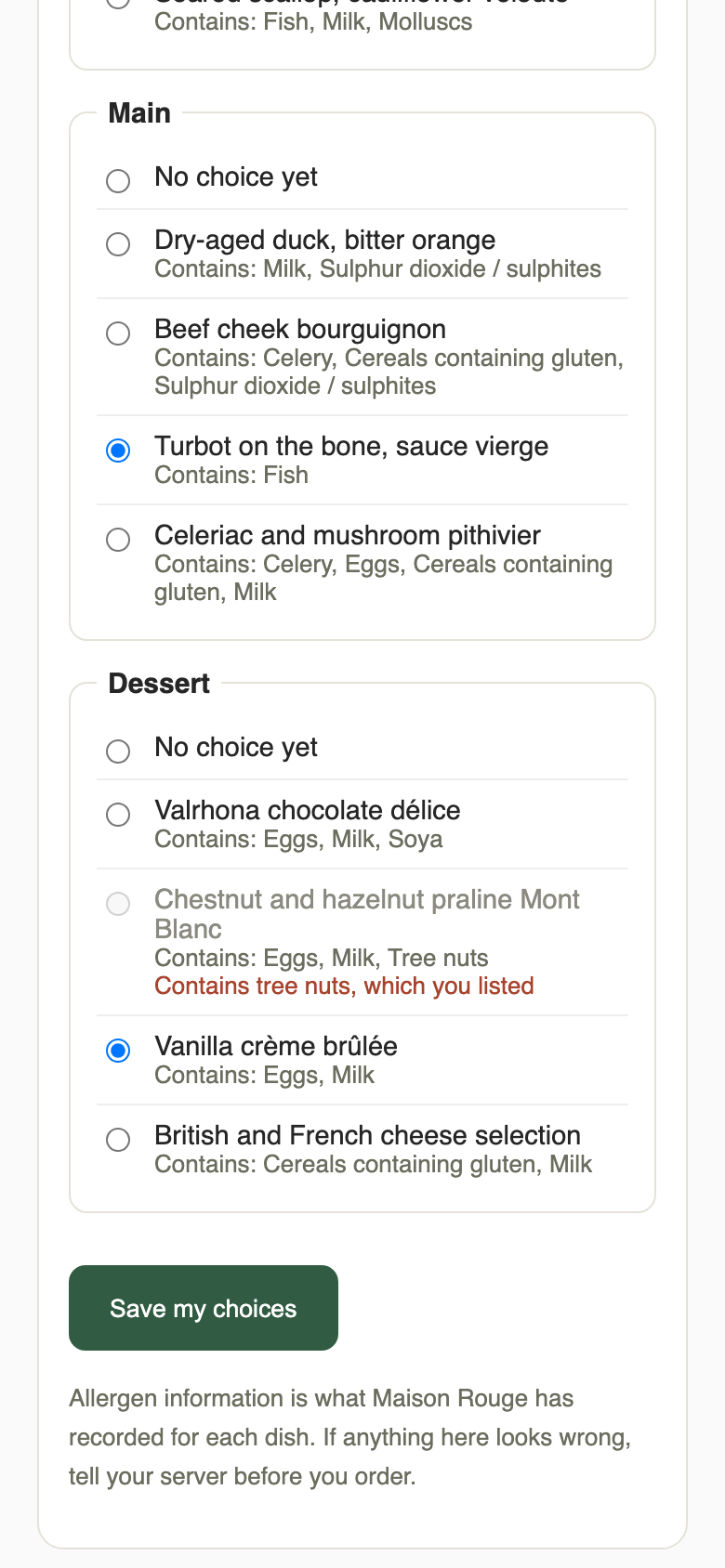 The Main and Dessert courses with a dish chosen in each and the Save my choices button