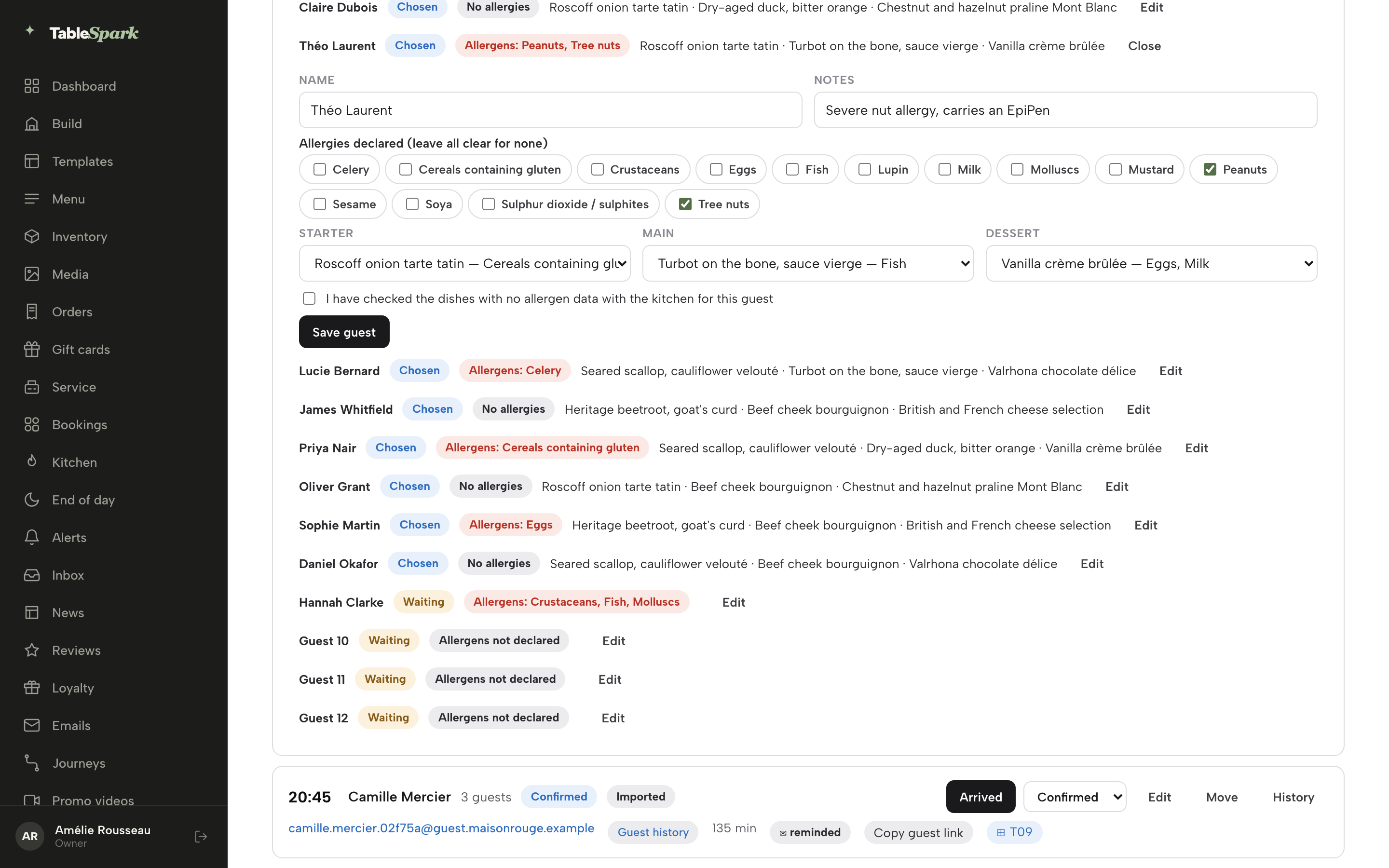 The editor for Theo Laurent showing Name, Notes, the allergen tick boxes with Peanuts and Tree nuts ticked, a menu for Starter, Main and Dessert and the Save guest button