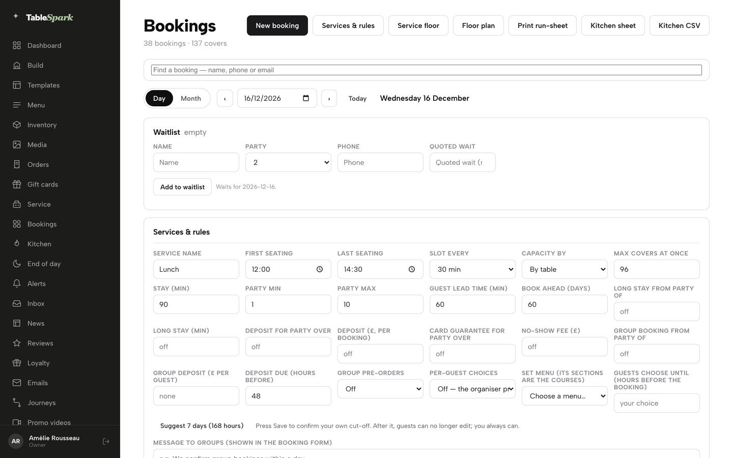 The Bookings page with Services & rules clicked and the Lunch service form open