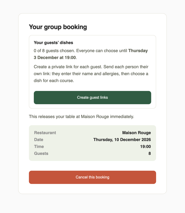 The organiser page showing 0 of 8 guests chosen and the Create guest links button