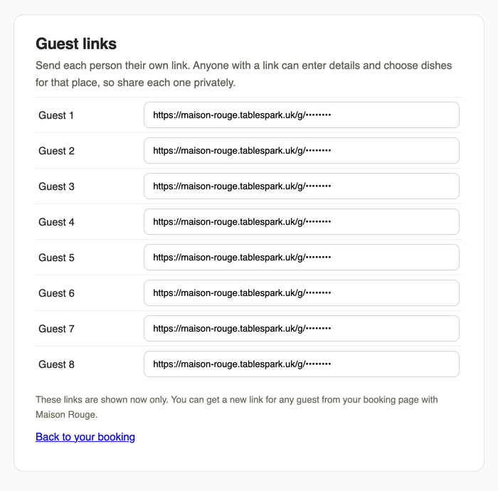 The Guest links page with a masked link for each of the eight guests