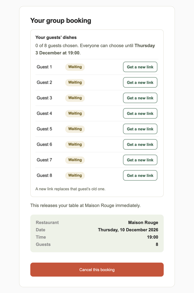The organiser page listing eight guests as Waiting, each with a Get a new link button