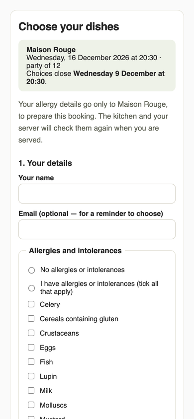 The guest page with Your name, Email and the allergy list
