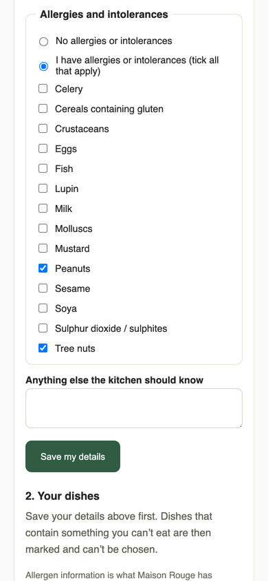 The allergy list with Peanuts and Tree nuts ticked and the Save my details button