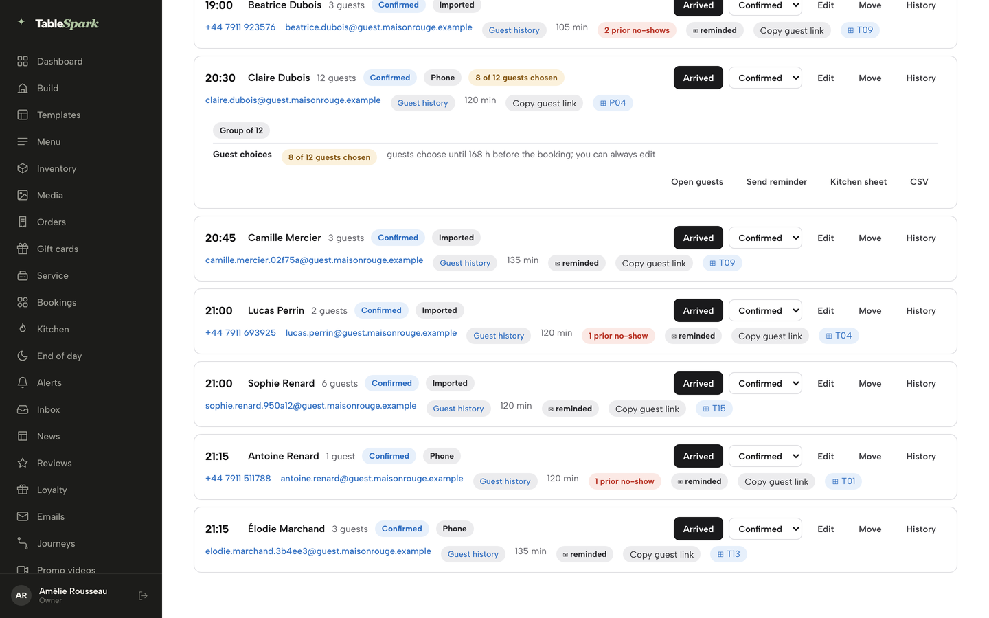 The booking for Claire Dubois with the 8 of 12 guests chosen chip and the Guest choices row