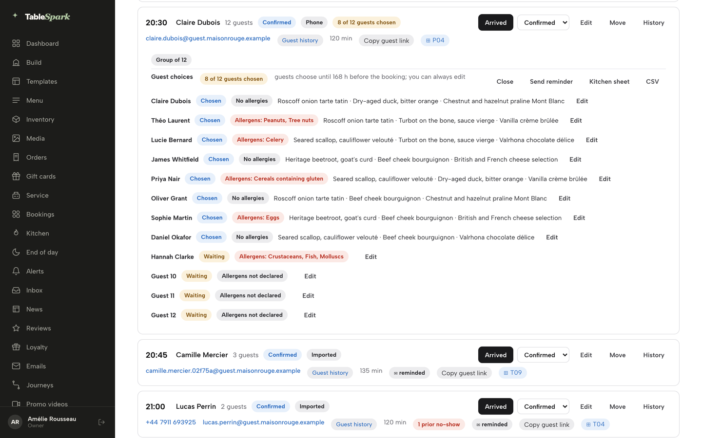 The Guest choices list of twelve guests with their status, allergies and dishes