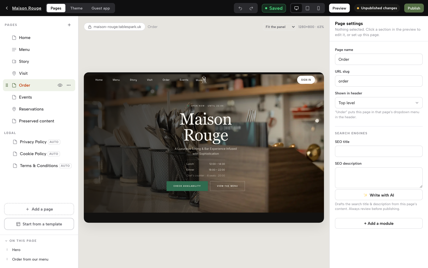 The TableSpark Builder with the Order page selected and the Order from our menu block listed