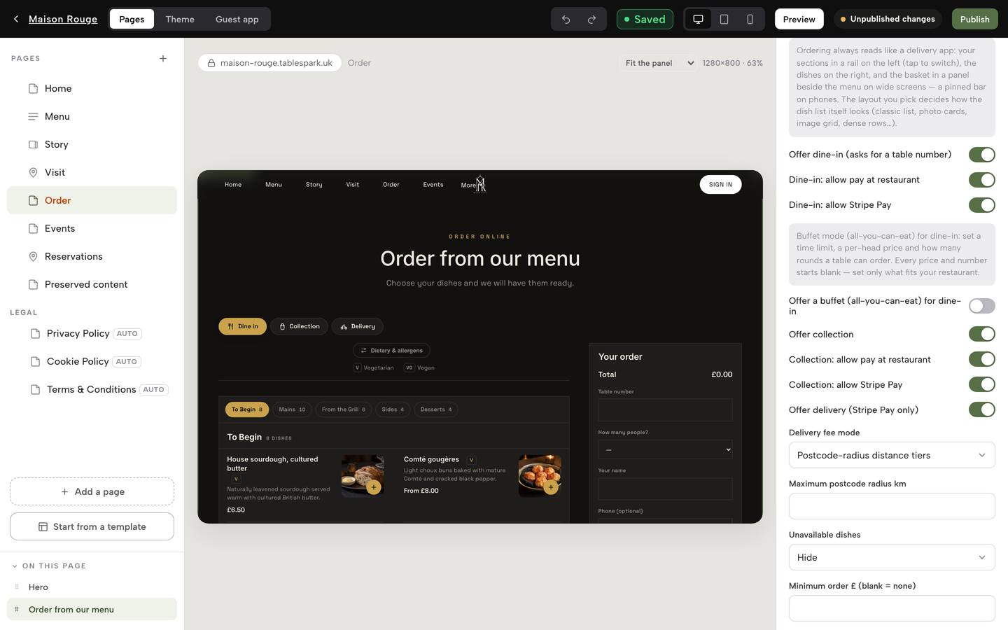 The TableSpark Builder toolbar with the Saved chip and the Publish button
