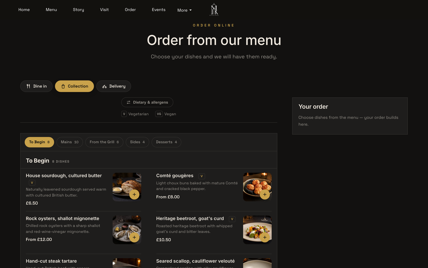 The Order page in Collection mode with starter dishes and the Your order panel on a restaurant's own site