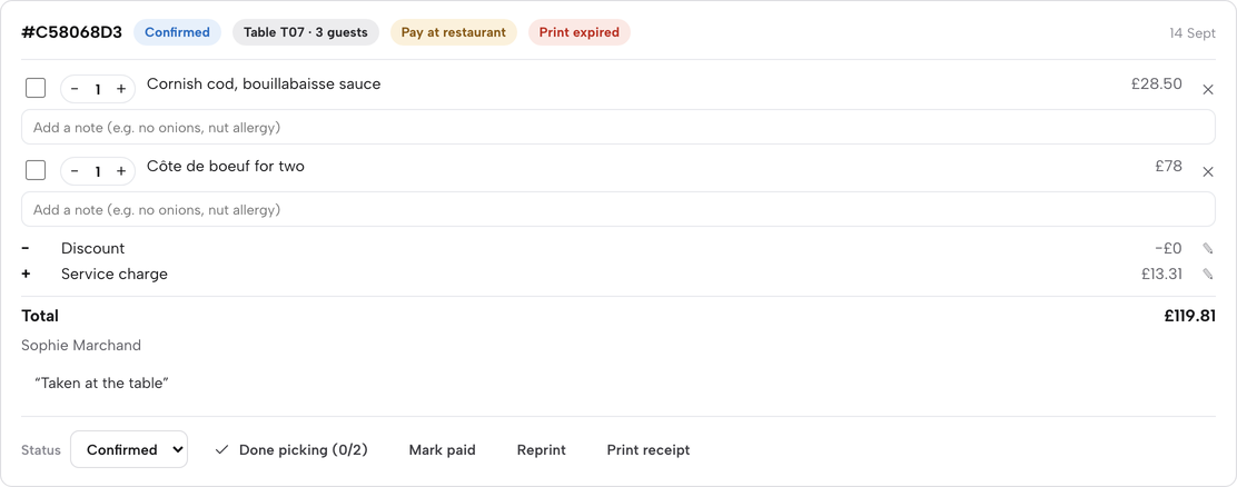 Practice screen: an order card for Table T07, Confirmed, with the Status menu at the bottom