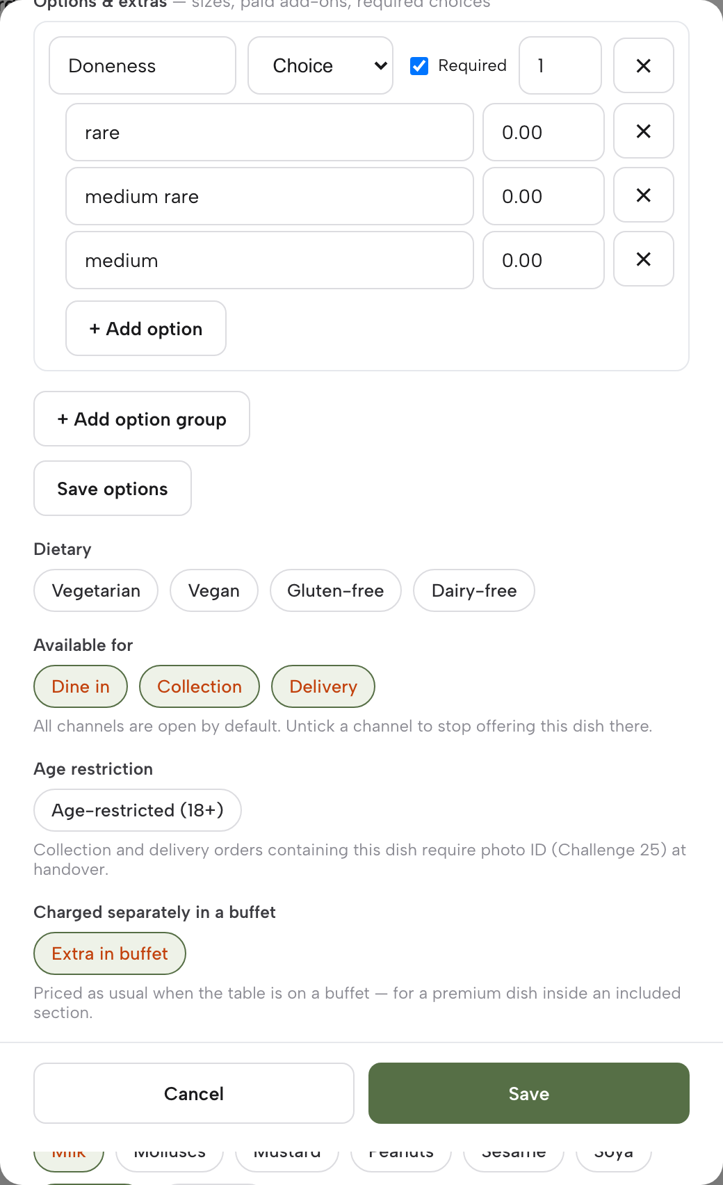 The dish editor for Côte de boeuf for two, scrolled to Charged separately in a buffet with its Extra in buffet switch turned on, above the Cancel and Save buttons