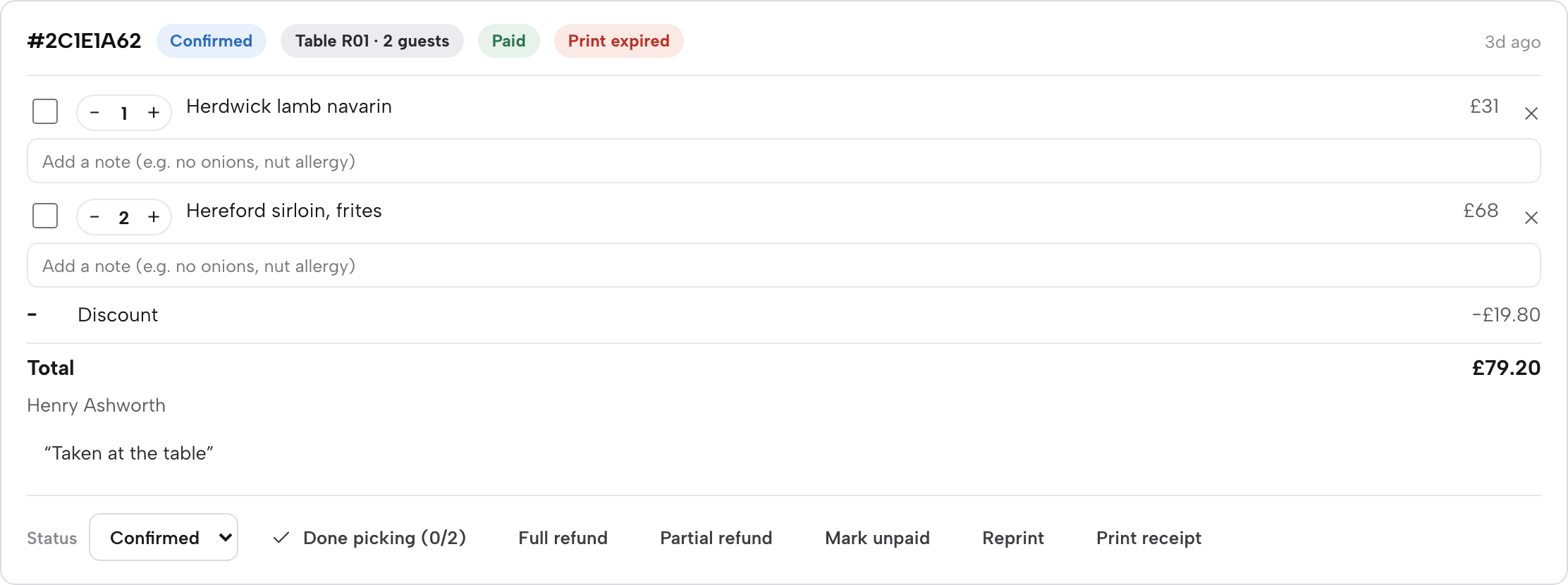 A paid order card showing Paid and Print expired chips, two line items with a discount applied, and Full refund, Partial refund, Mark unpaid, Reprint and Print receipt buttons