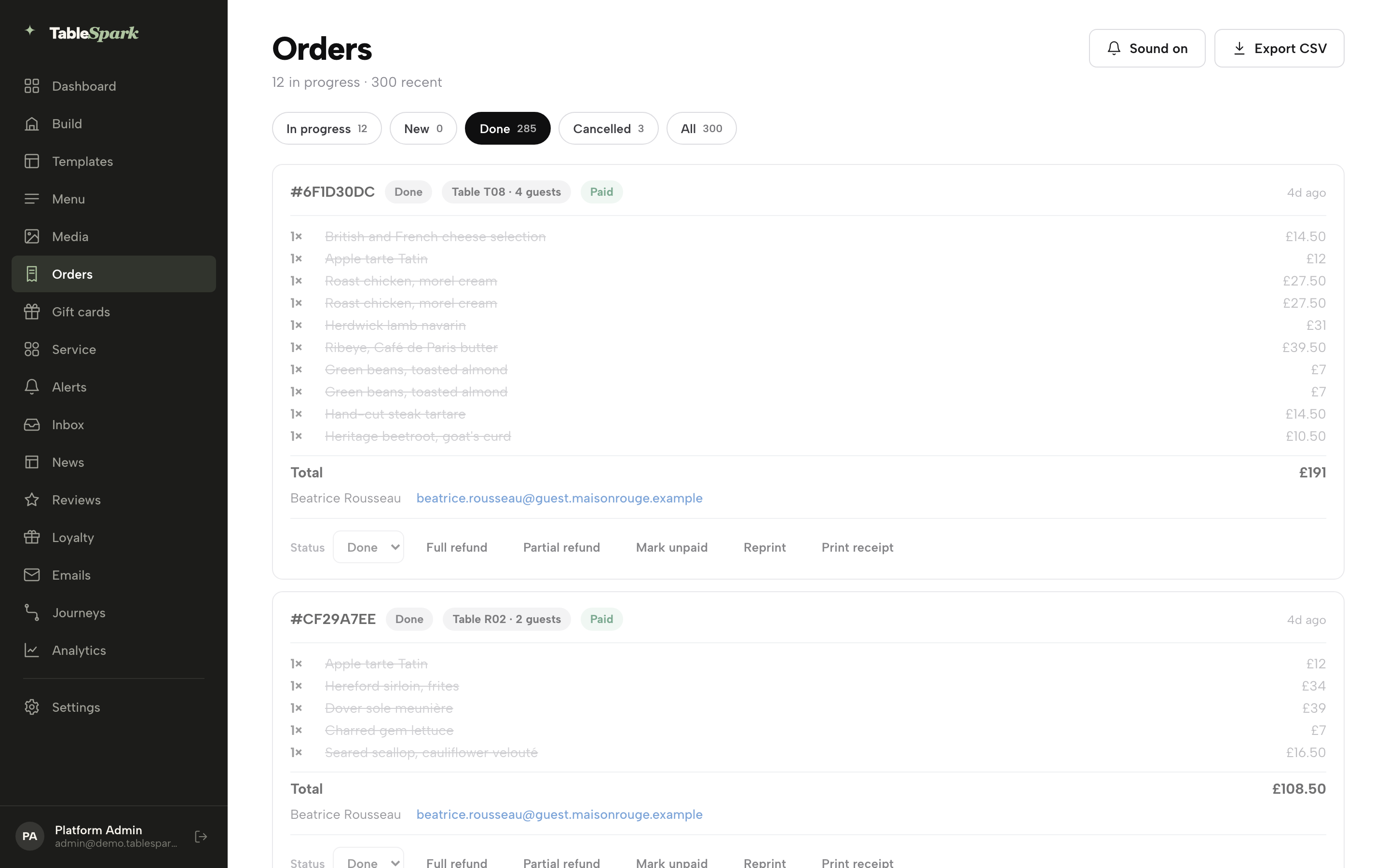The Done tab: completed orders with every line struck through as prepared, a static receipt with no editing controls, and a disabled Status dropdown reading Done