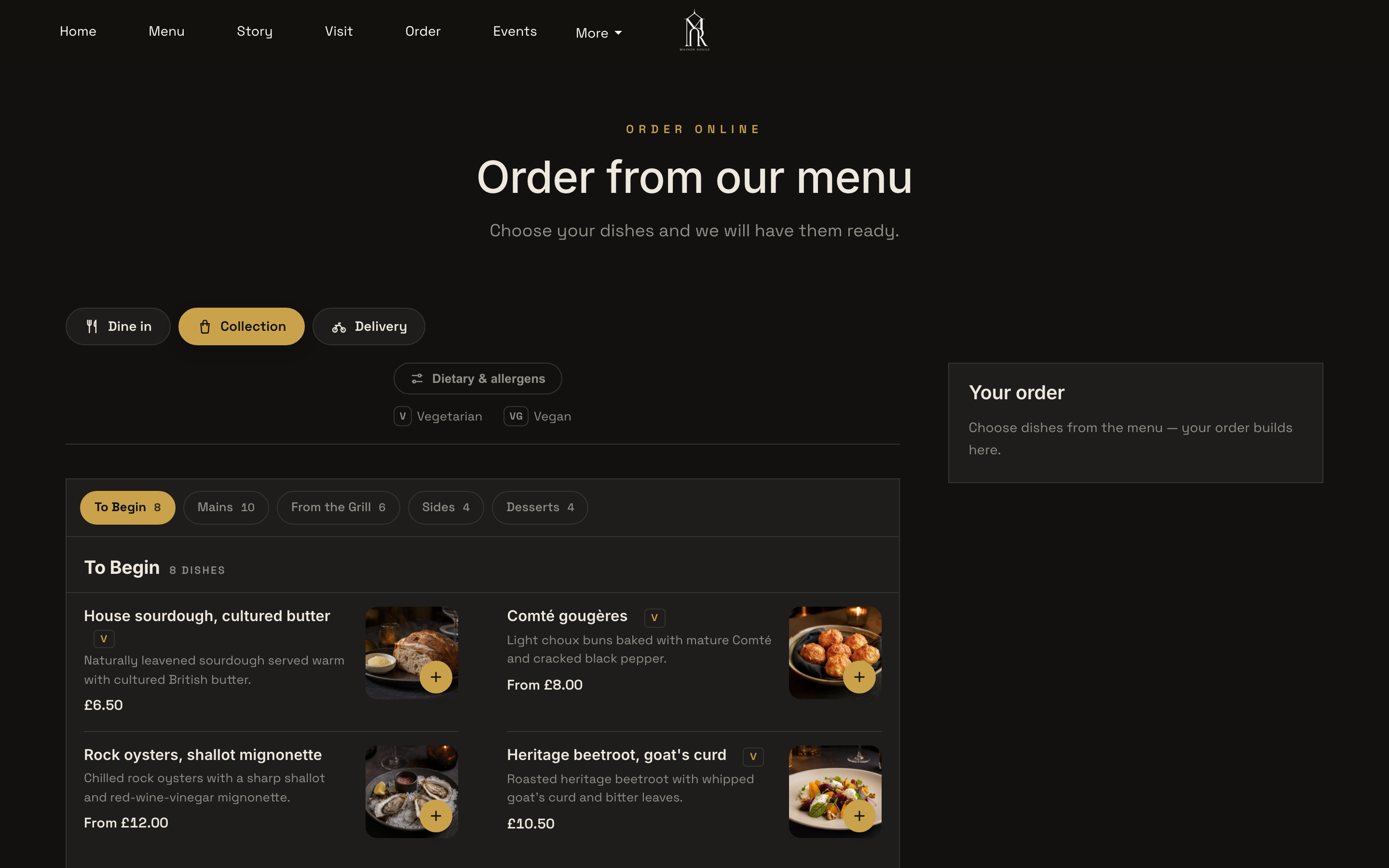 The full Order page in Collection mode: mode pills, dietary and allergens filter, category tabs with dish counts, dish rows with photos and V/VG chips, and the empty Your order basket panel