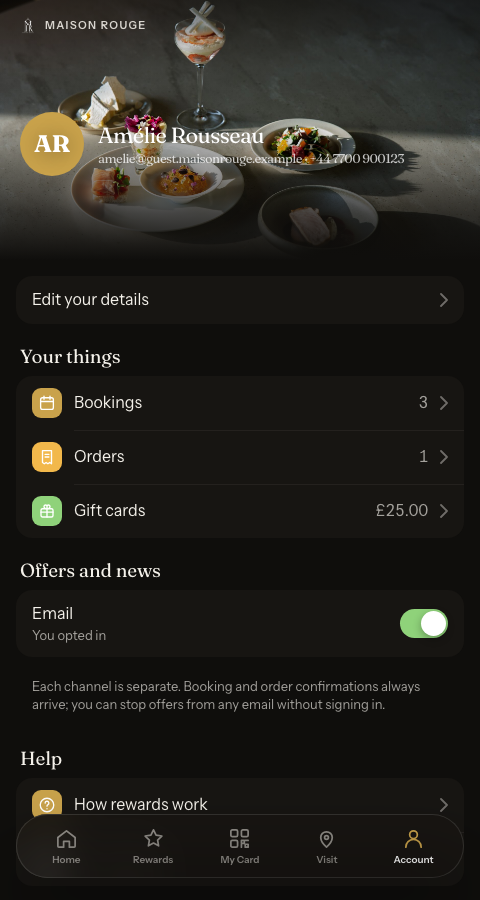 The guest App Account tab: name and email, Edit your details, Your things with Bookings, Orders and Gift cards, and an Offers and news switch