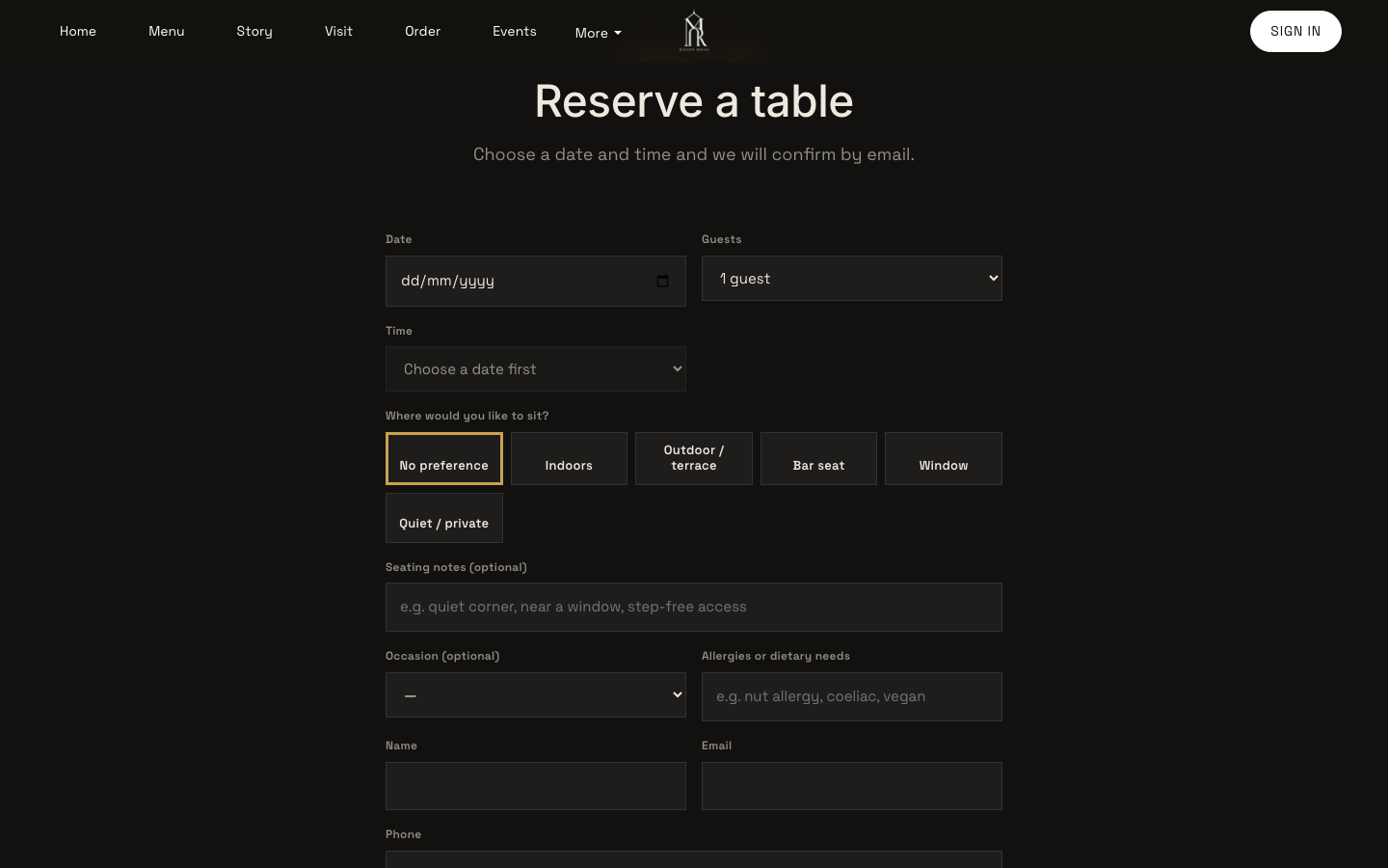 The booking form on the restaurant's own page with Date, Guests and Time fields