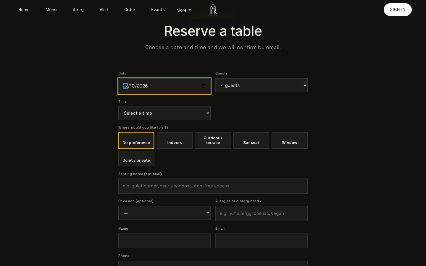 The booking form's Time dropdown listing real lunch and dinner slots for the chosen date