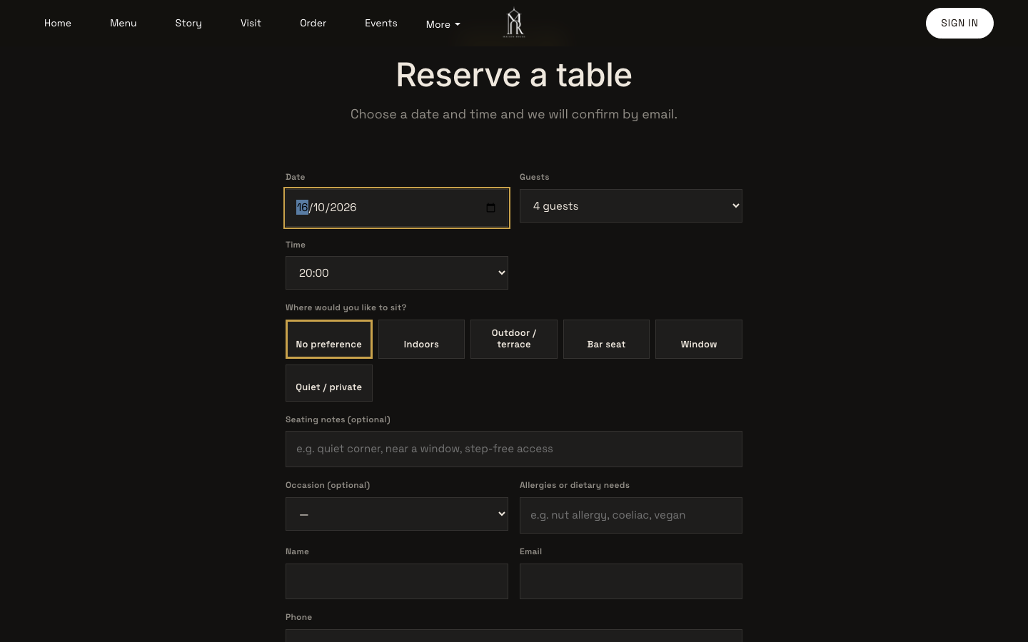 The booking form with name, phone and allergy note filled in beside the Request a table button