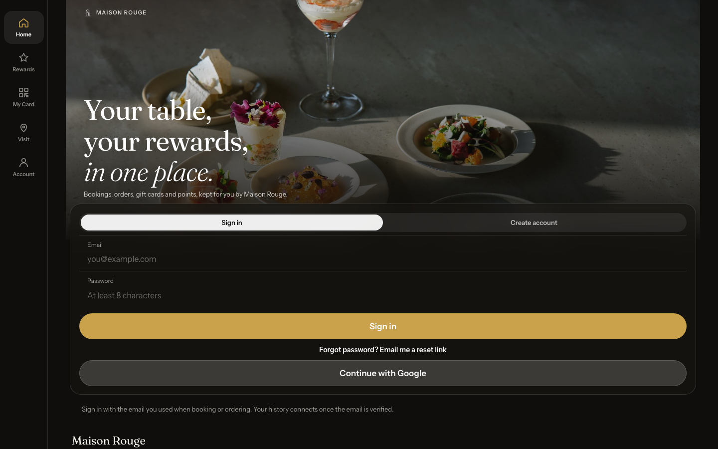 The account page for a signed-out guest: the Sign in tab active and a Create account tab beside it