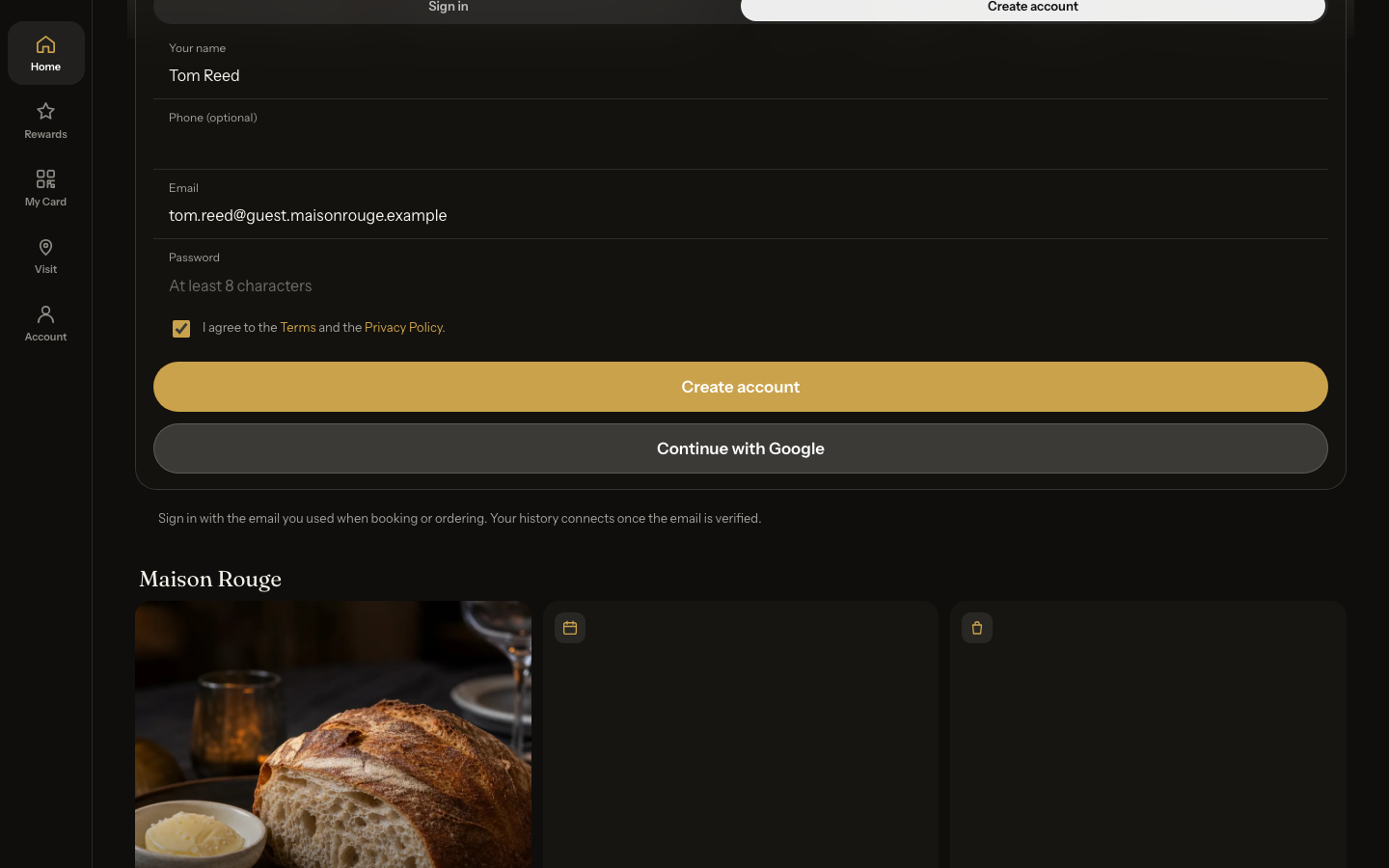The Create account form filled in with a name and email, the Terms box ticked, and the Create account button